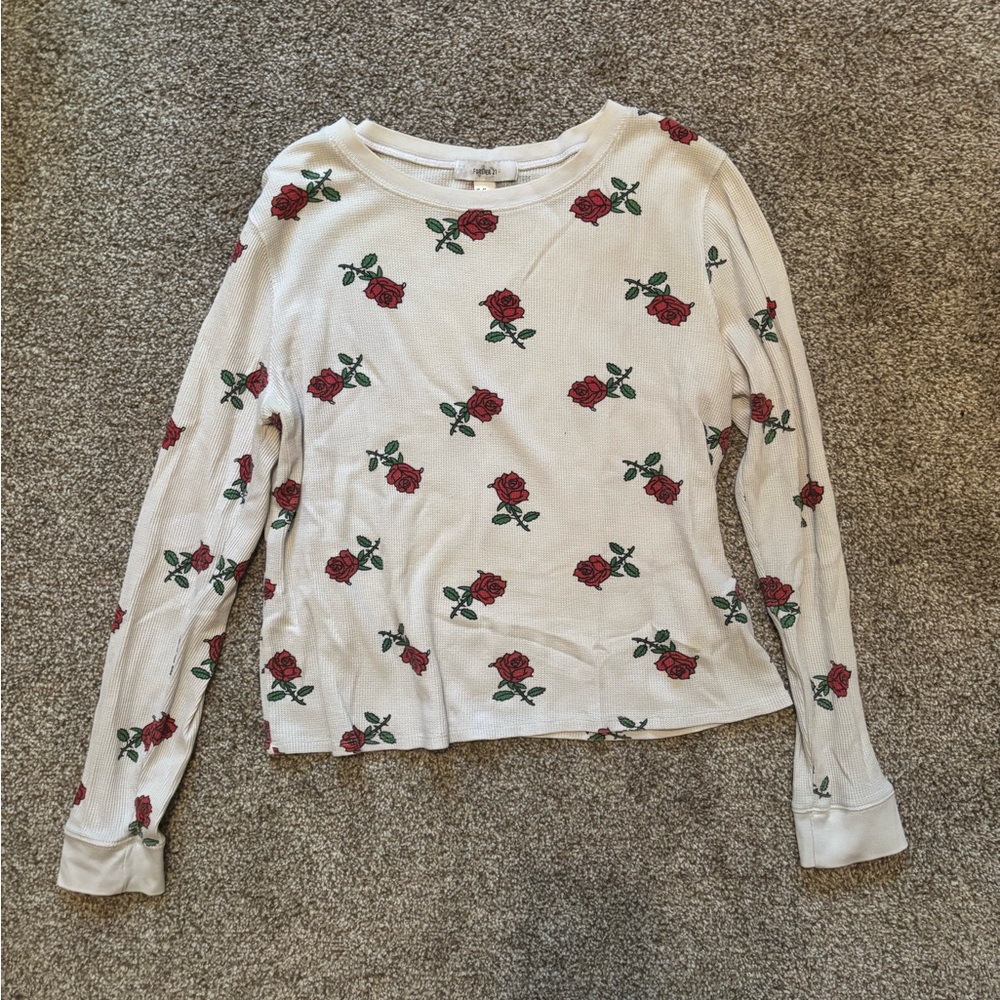 Forever 21 Cream Long-Sleeve Top with Red Rose Print